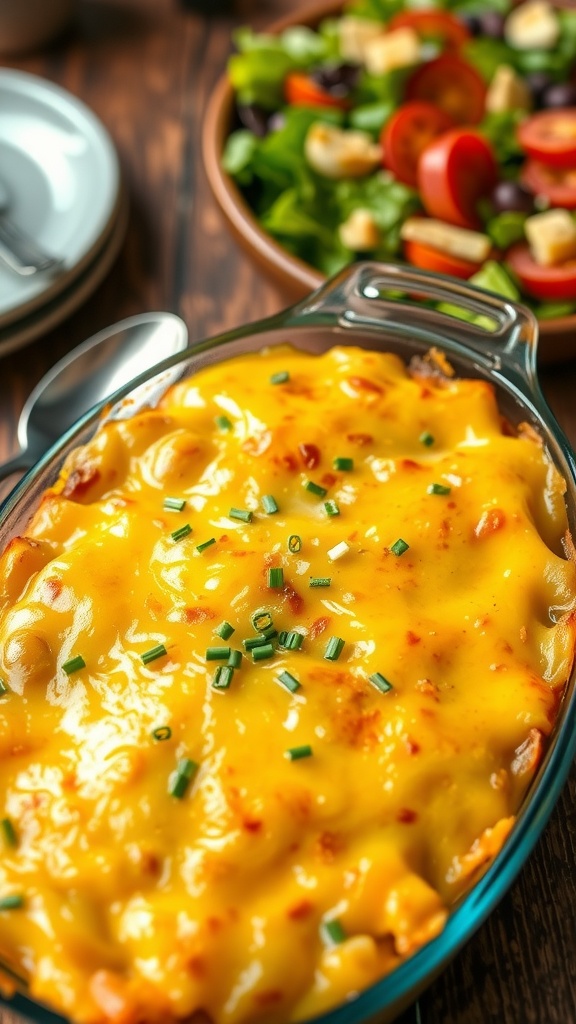 Delicious Cheesy Potato Bake Cheesy potato bake with melted cheese and chives on a rustic table.